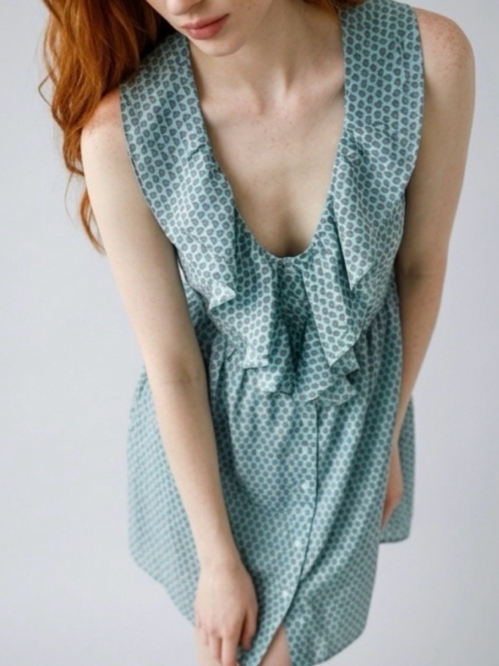 Bird Print Dress by Hot & Delicious - Light Teal w Ruffles - Sz Med - Picture 5 of 8